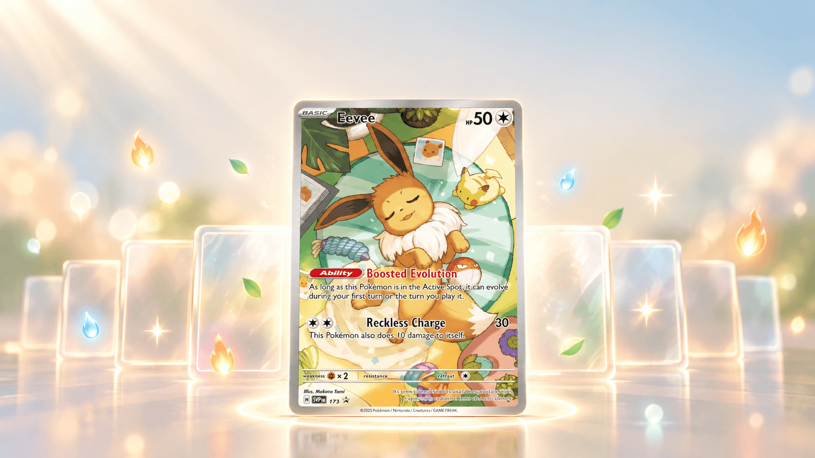 Eevee kaart uit de SV Black Star Promos die uitgelicht voor een rij zwevende, doorschijnende kaartvormen van licht staat, als beeld bij het kopen van losse Pokémonkaarten bij BB-Collect.