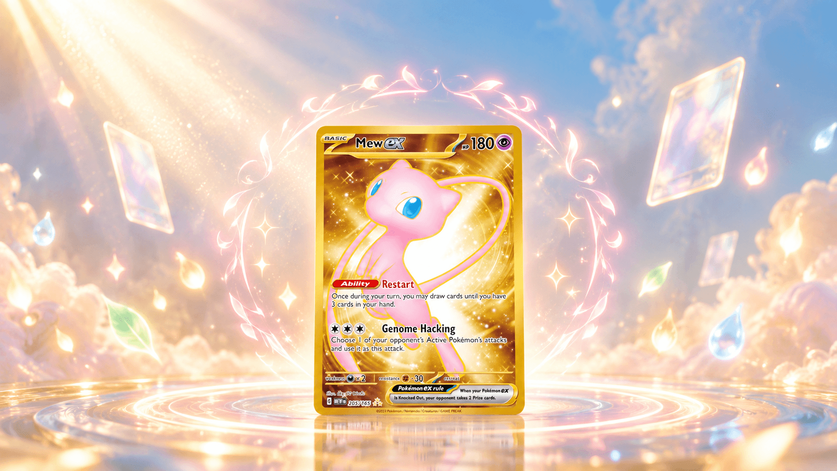Mew ex special illustration rare uit de set 151 met een boog van hoekige lichttekens erachter en een paar losse zwevende lichtpanelen, als beeld bij de waarde van Mew kaarten.