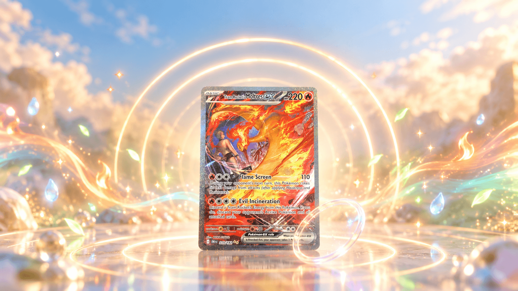 Team Rocket's Moltres kaart uit Destined Rivals omringd door vier oplichtende ringen en een doorschijnend loepje van licht, als beeld bij het checken van de waarde van je Pokémon kaart.