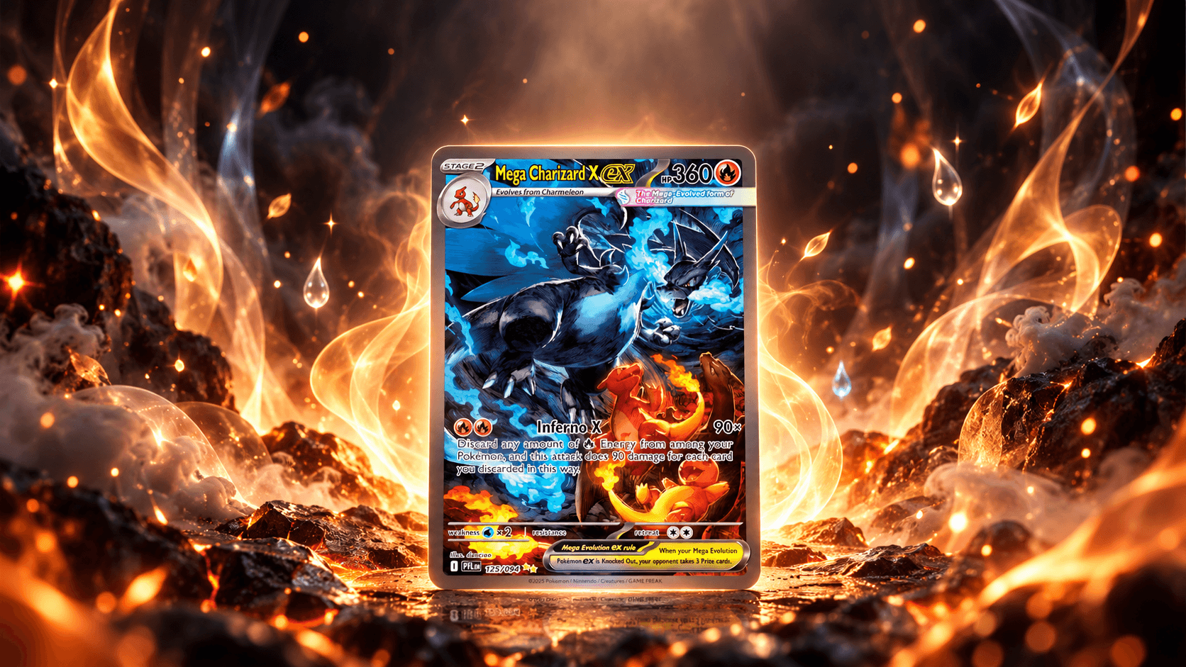 Mega Charizard X ex special illustration rare uit Phantasmal Flames omringd door doorschijnende, opstijgende vlamvormige lichtsluiers en zwevende aslichtvlokjes, als beeld bij de kaarten uit Phantasmal Flames.