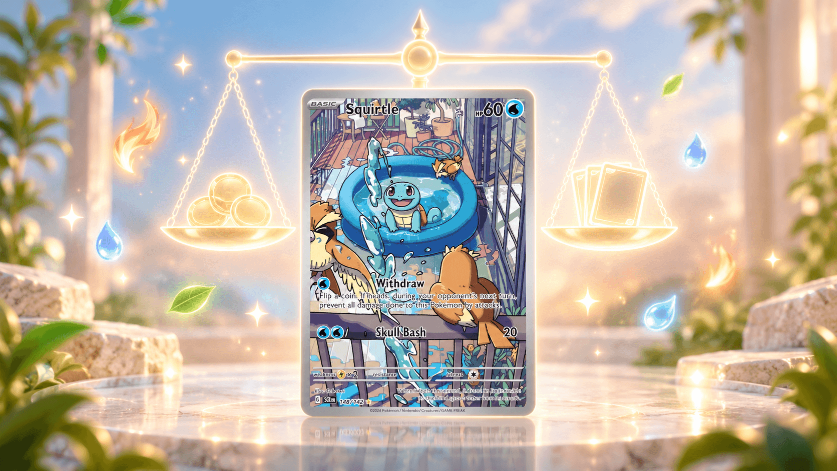 Squirtle kaart uit Stellar Crown met een zwevende, doorschijnende weegschaal van licht eromheen, als beeld bij het verkopen van Pokémonkaarten.