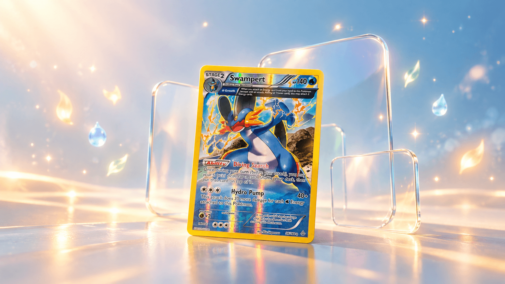 Swampert kaart uit Primal Clash tussen zachte, gelaagde transparante vlakken van licht, als beeld bij het goed bewaren van Pokémonkaarten.