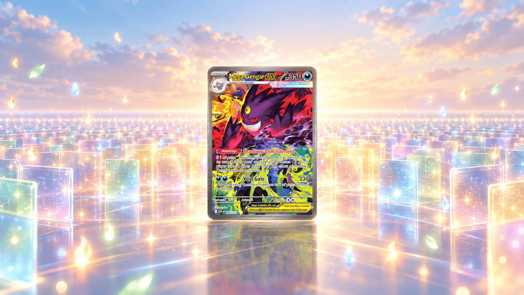 Mega Gengar ex special illustration rare uit Ascended Heroes met een breed, vlak veld van gelijk oplichtende lichtpanelen erachter, als beeld bij de grootste Pokémon set ooit.