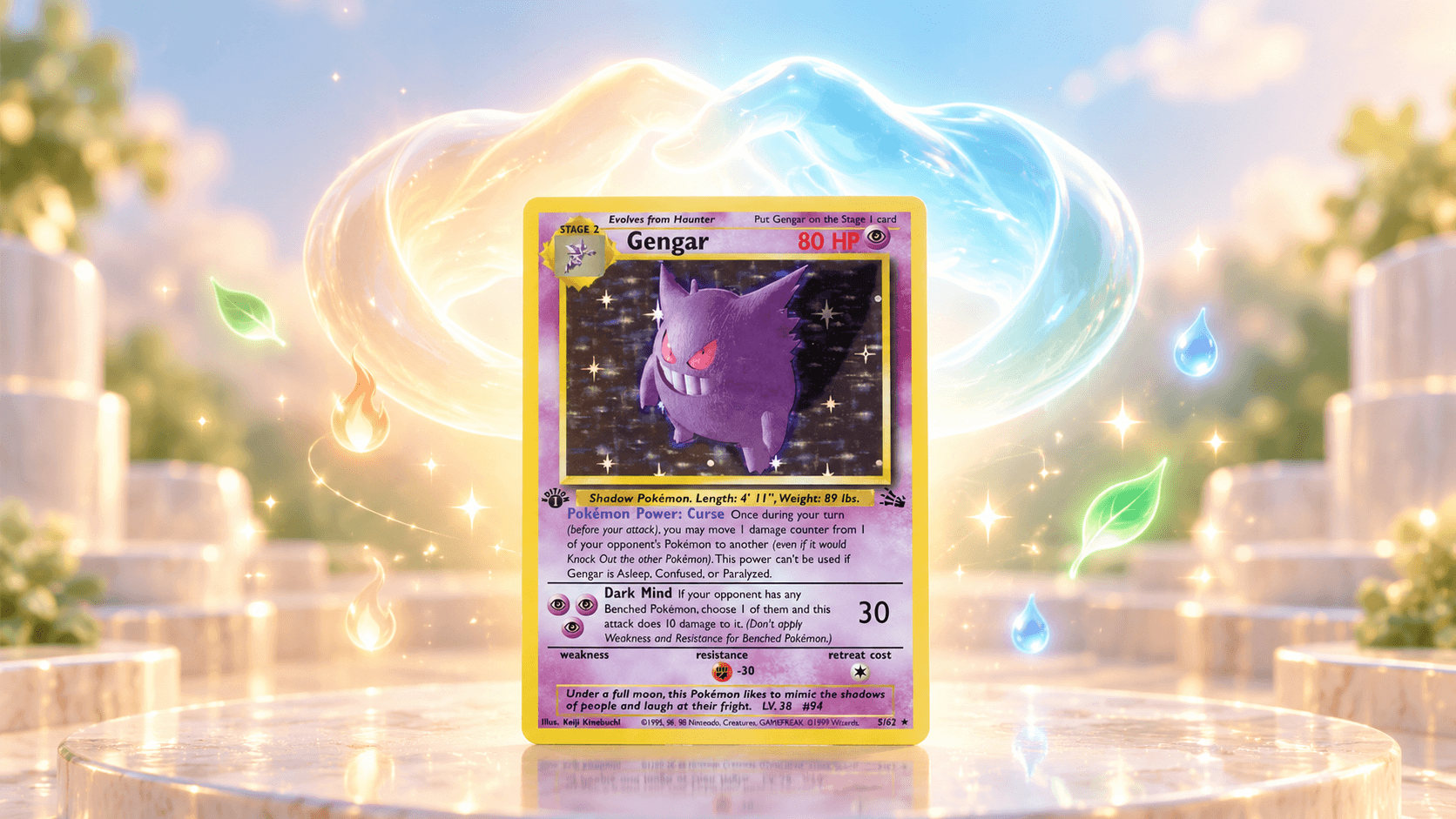 Gengar kaart uit Fossil met een zwevend, doorschijnend handdruk-vormig lichteffect eromheen, als beeld bij het verkopen van Pokémonkaarten aan BB-Collect.