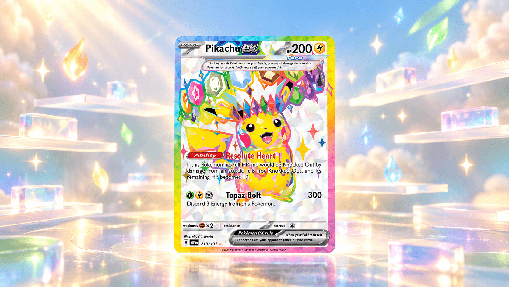Pikachu ex kaart uit Surging Sparks tussen zwevende, doorschijnende schapvakjes van licht, als beeld bij Pokémon kaarten kopen bij Kruidvat, Intertoys of Bruna.