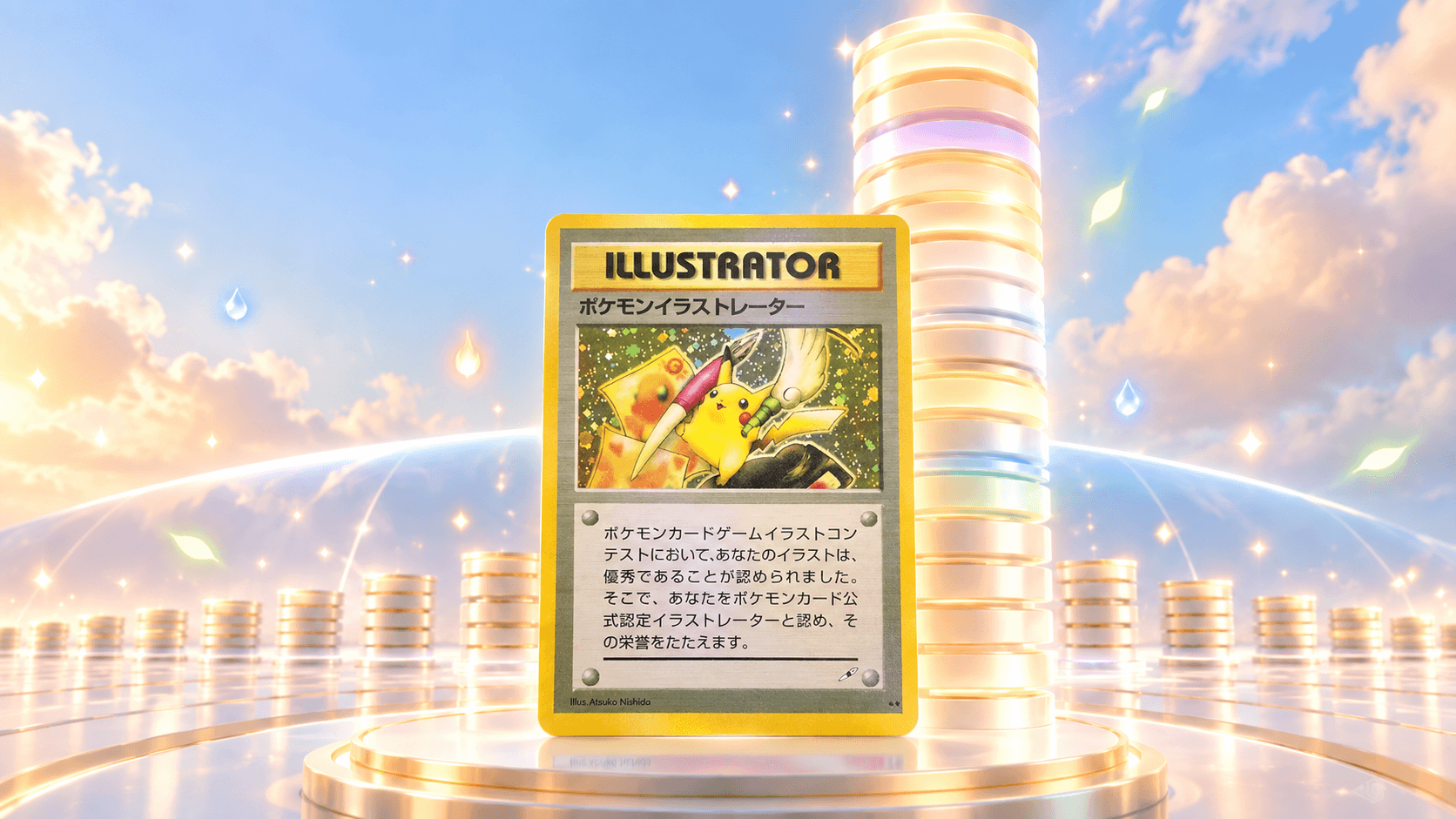 Pikachu Illustrator kaart met één hoog oplichtende kolom van lichtschijven ernaast en een vage wereldboog op de achtergrond, als beeld bij de duurste Pokémon kaart ter wereld.