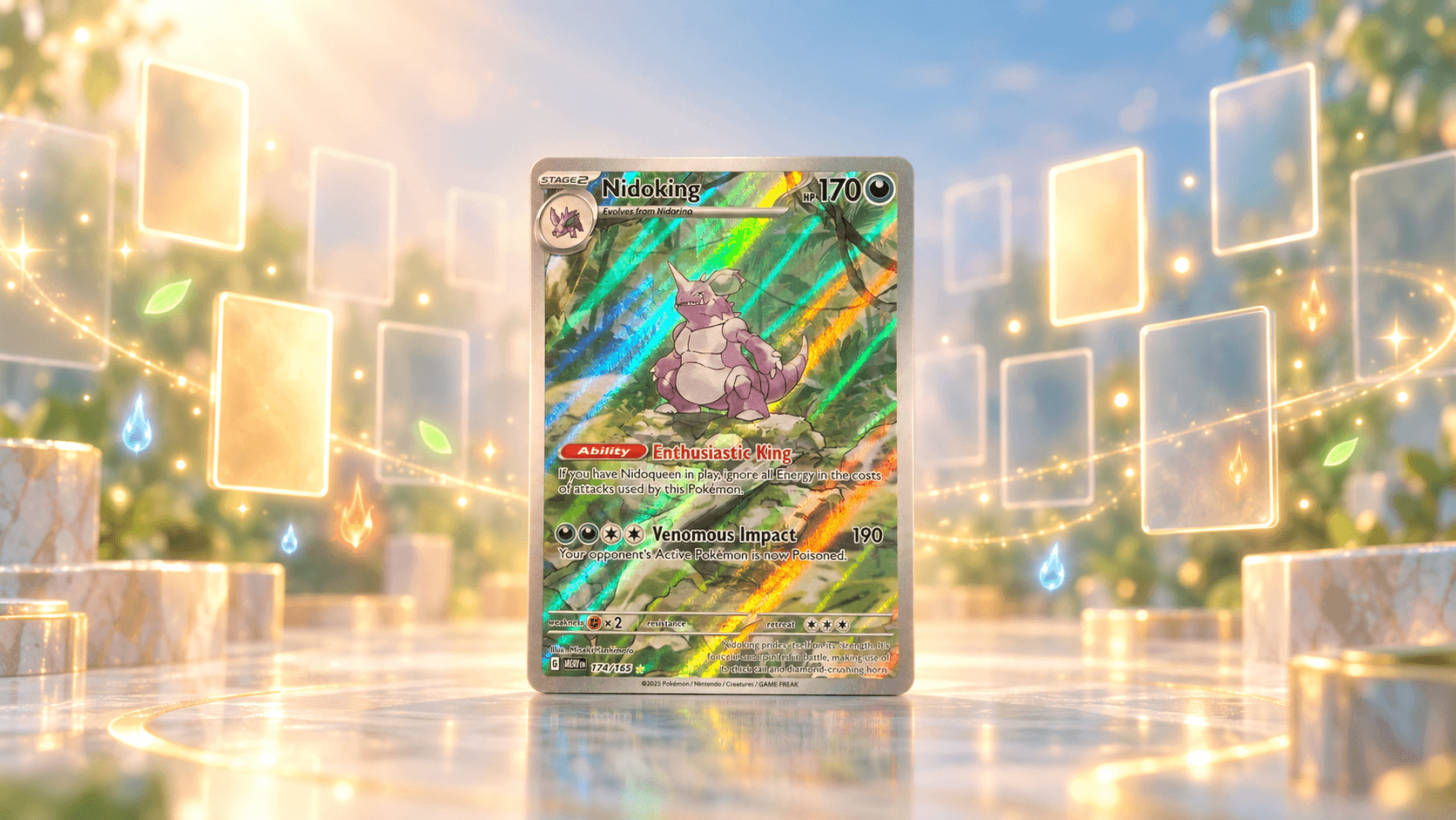 Nidoking kaart uit de set 151 omringd door zwevende lege kaartvakjes die zich langzaam vullen met licht, als beeld bij het opbouwen van een Pokémonverzameling.
