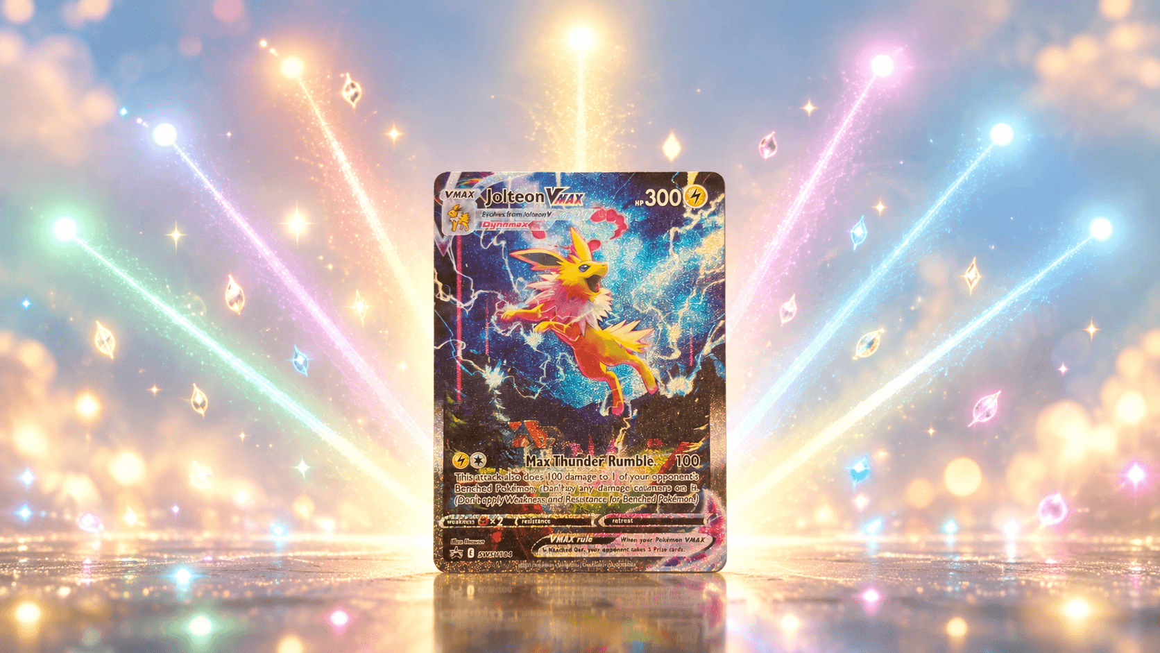Jolteon VMAX promokaart uit de SWSH Black Star Promos met acht uiteenlopende lichtbundels in verschillende kleuren erachter, als beeld bij de Eeveelutions en de waarde van hun kaarten.