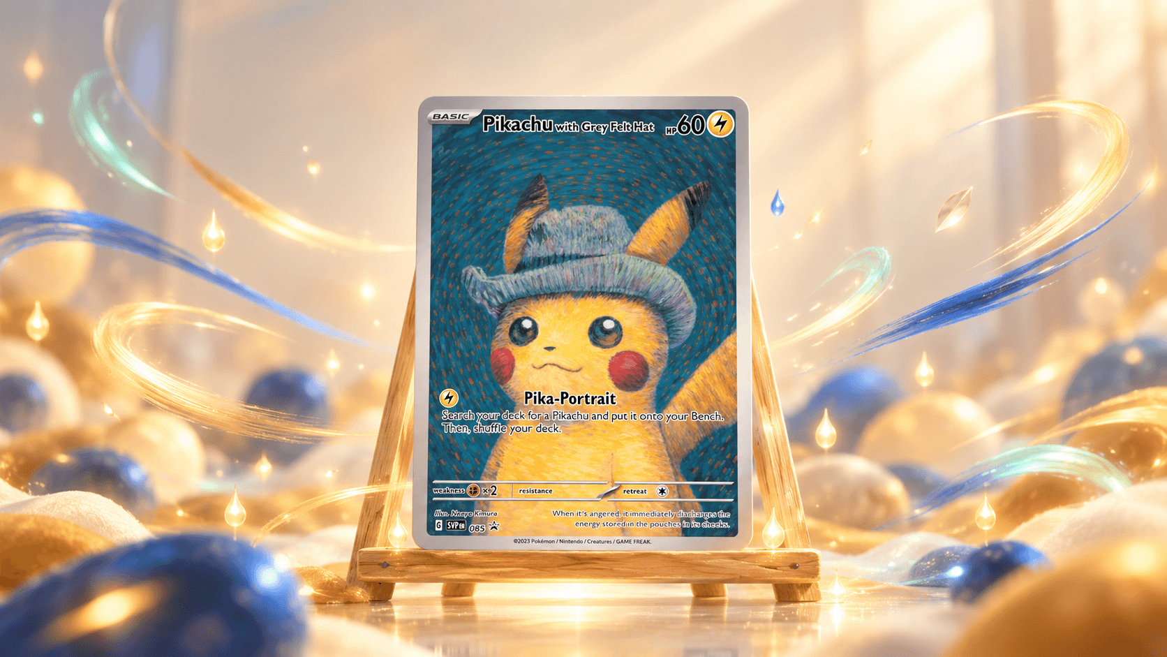 Pikachu with Grey Felt Hat promokaart omringd door korte, gebogen penseelstreken van licht en zwevende lichtbolletjes in oker en kobaltblauw, als beeld bij de Van Gogh Pikachu en zijn waarde.