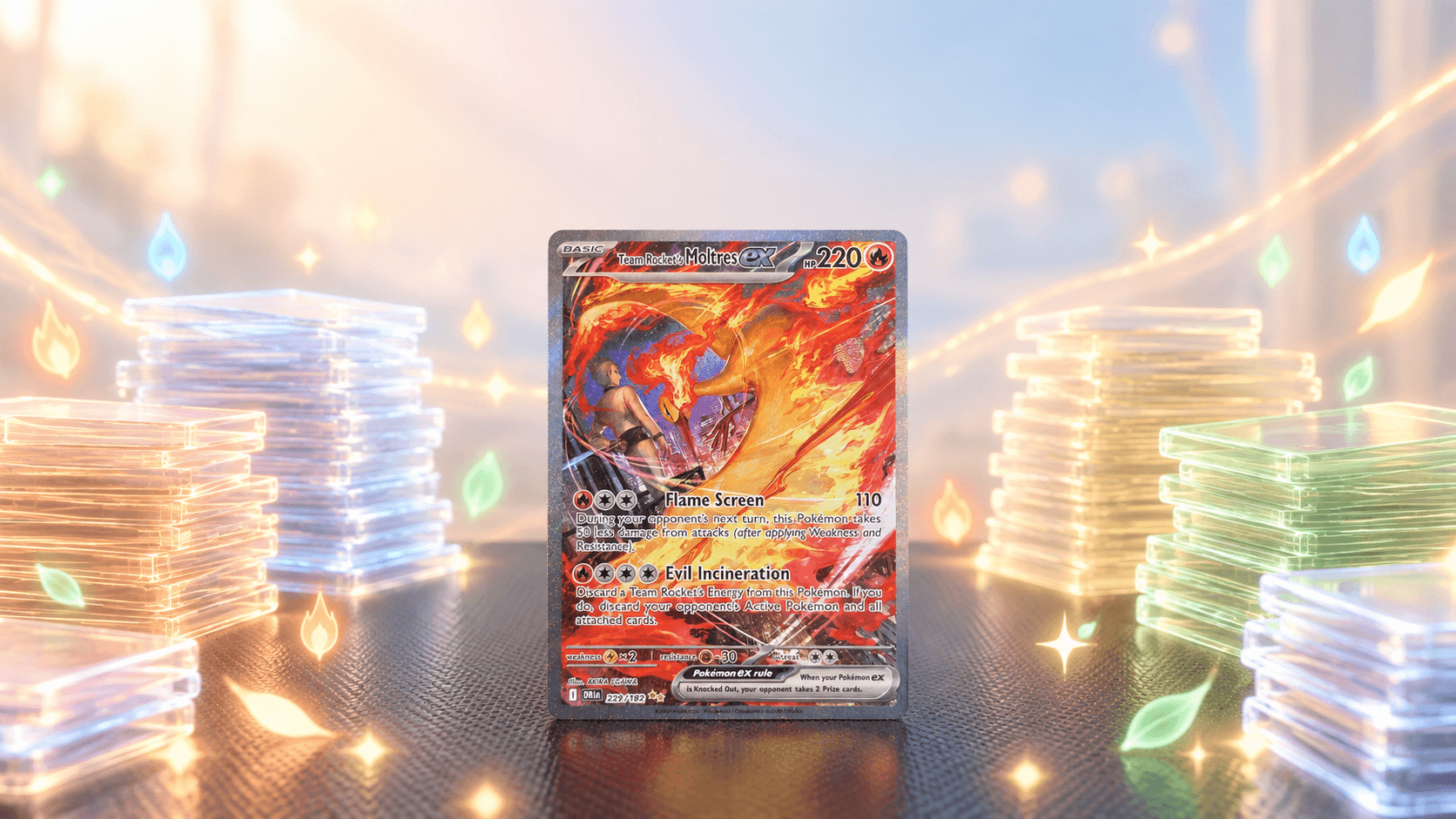 Team Rocket's Moltres ex Alt Art kaart uit Destined Rivals met daarachter meerdere zwevende, doorschijnende stapels lichtgevende kaartvormen in aflopende hoogte, als beeld bij het inkopen van een hele Pokémon-collectie.