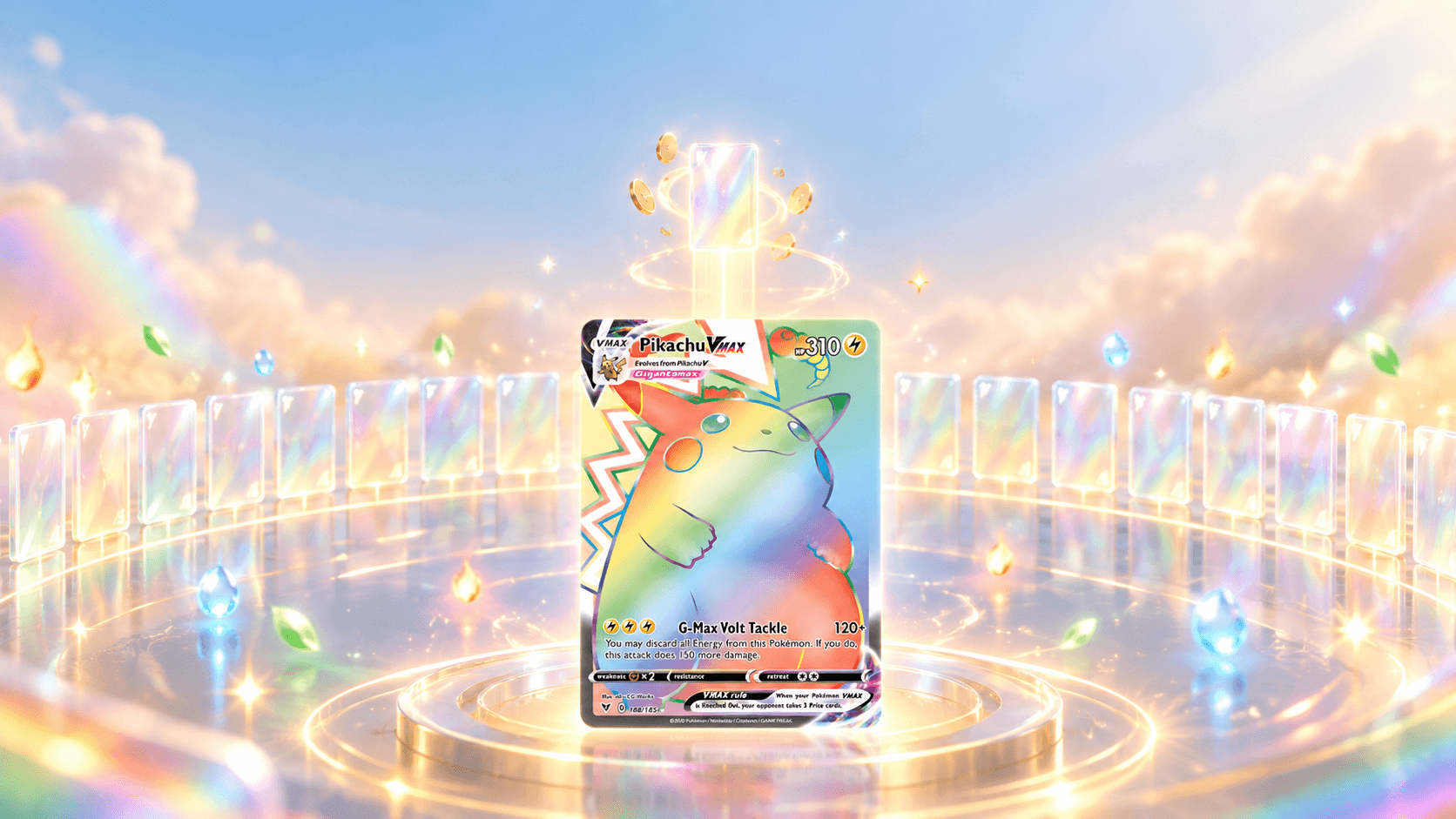 Pikachu VMAX regenboogkaart uit Vivid Voltage met een wijde boog van lichtpanelen erachter waarvan er één hoog oplicht, als beeld bij de waarde van Pikachu kaarten.