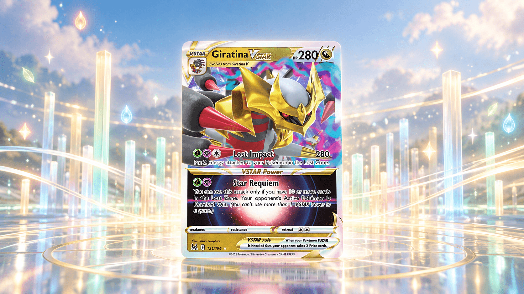 Giratina VSTAR kaart uit Lost Origin omringd door zwevende lichtlijnen die op en neer bewegen, als beeld bij Pokémonkaarten als investering.