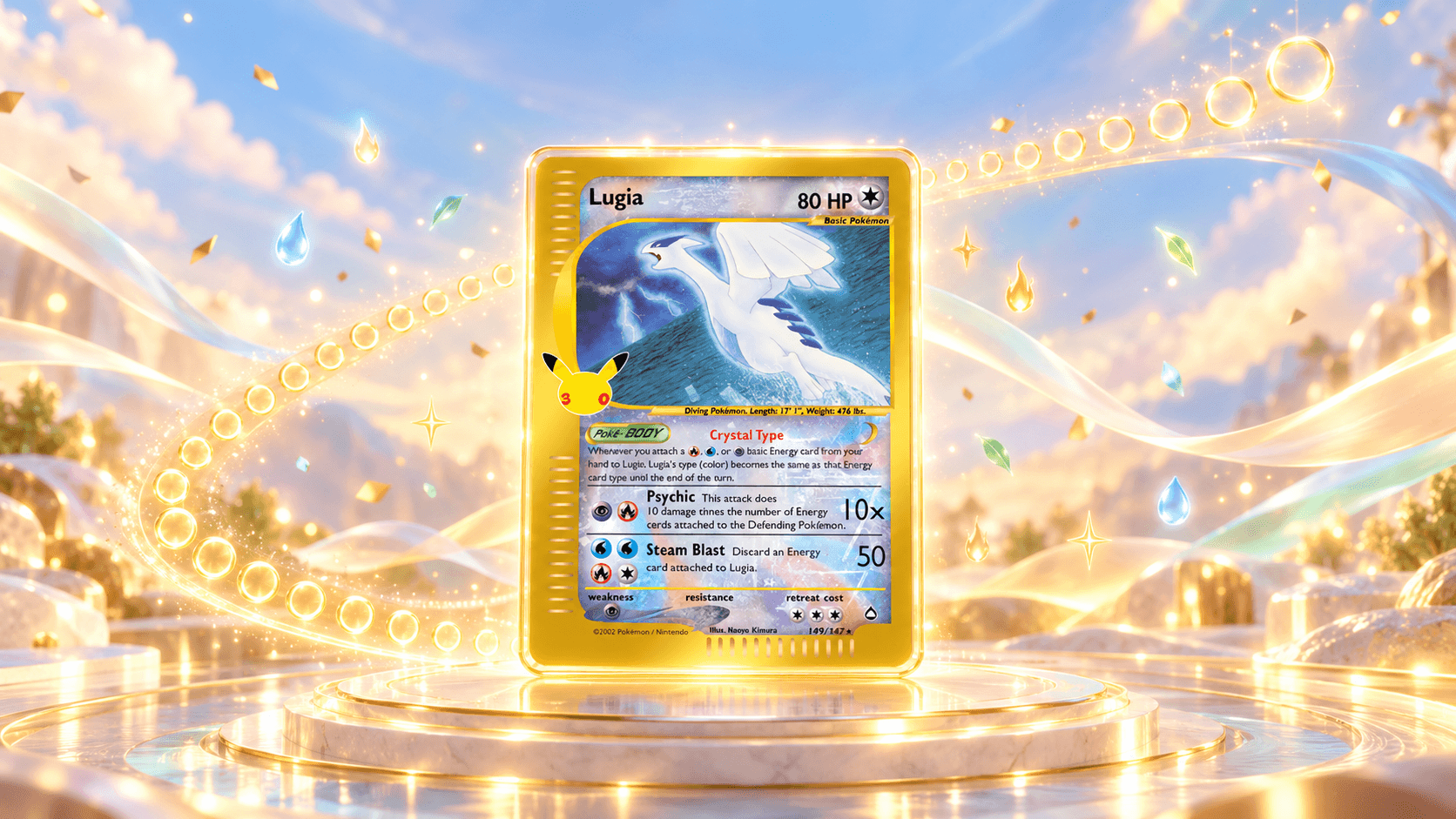 Crystal Lugia herdruk uit de Classic Collection van 30th Celebration met een lange boog van dertig oplichtende lichtringen erachter, als beeld bij het dertigjarig jubileum van Pokémon.