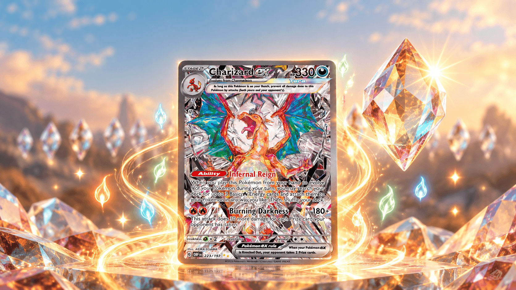 Charizard ex kaart uit Obsidian Flames omringd door warme, opstijgende lichtkrullen en een enkele fel glinsterende lichtsteen, als beeld bij de waarde van Charizard-kaarten.