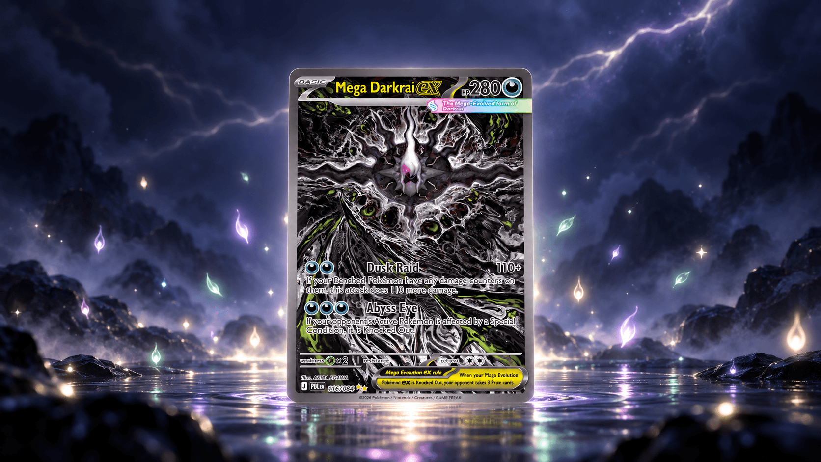 Mega Darkrai ex special illustration rare uit Pitch Black in een donkere lichtnevel met een enkele felle lichtscheur erdoorheen, als beeld bij de waarde van Pitch Black kaarten.