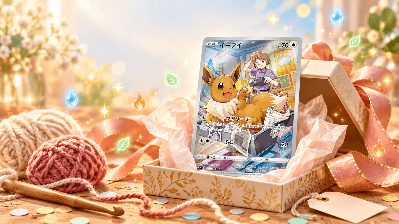 Japanse Eevee kaart uit VMAX Climax tussen cadeaupapier, een strik en bolletjes garen met een haaknaald, als beeld bij Pokémon cadeau-ideeën.